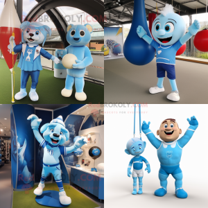 Sky Blue Trapeze Artist mascot costume character dressed with a Rugby Shirt and Keychains