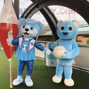 Sky Blue Trapeze Artist mascot costume character dressed with a Rugby Shirt and Keychains