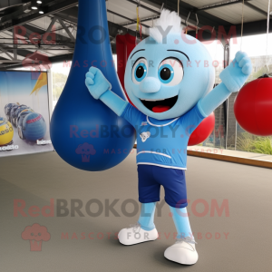 Sky Blue Trapeze Artist mascot costume character dressed with a Rugby Shirt and Keychains