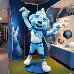 Sky Blue Trapeze Artist mascot costume character dressed with a Rugby Shirt and Keychains