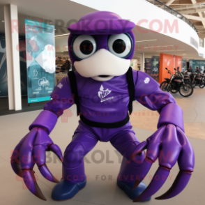 Purple Crab mascot costume character dressed with a Moto Jacket and Rings