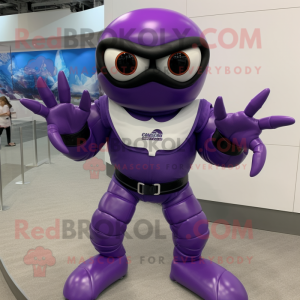 Purple Crab mascot costume character dressed with a Moto Jacket and Rings