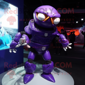 Purple Crab mascot costume character dressed with a Moto Jacket and Rings