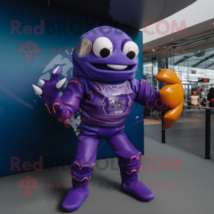 Purple Crab mascot costume character dressed with a Moto Jacket and Rings