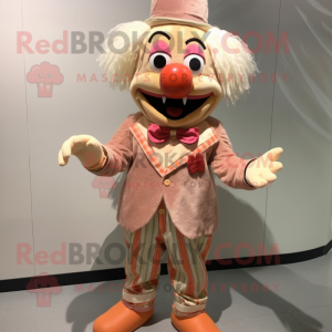 Peach Evil Clown mascot costume character dressed with a Corduroy Pants and Tie pins