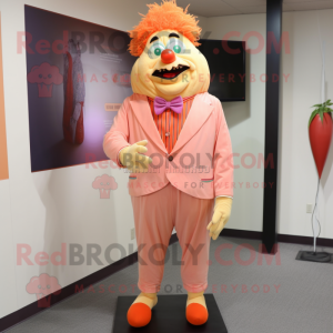 Peach Evil Clown mascot costume character dressed with a Corduroy Pants and Tie pins