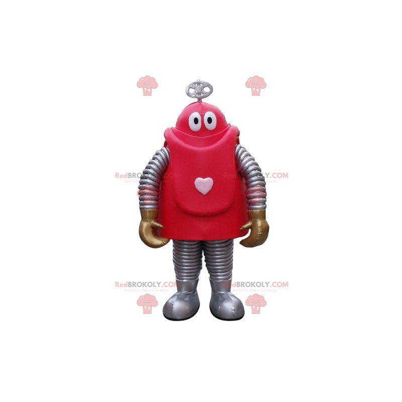 Mascota de robot rojo y gris de dibujos animados -