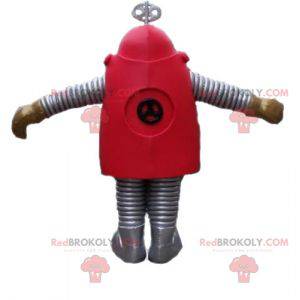 Mascota de robot rojo y gris de dibujos animados -