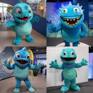 Cyan Piranha mascot costume character dressed with a Turtleneck and Mittens