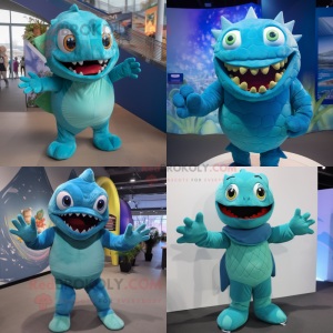 Cyan Piranha maskot kostym...