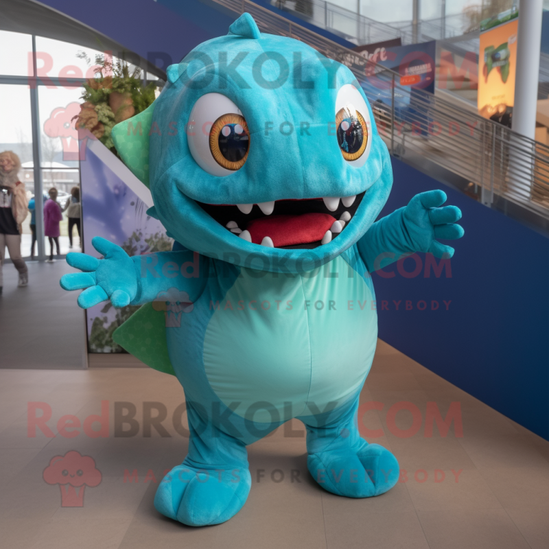 Cyan Piranha mascot costume character dressed with a Turtleneck and Mittens