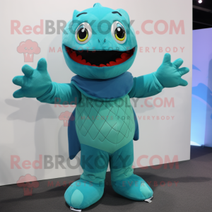 Cyan Piranha mascot costume character dressed with a Turtleneck and Mittens