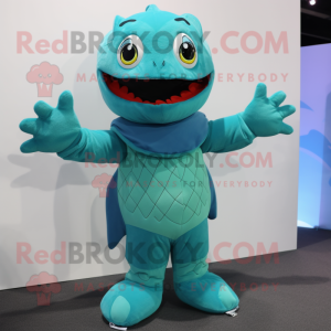 Cyan Piranha maskot kostym...