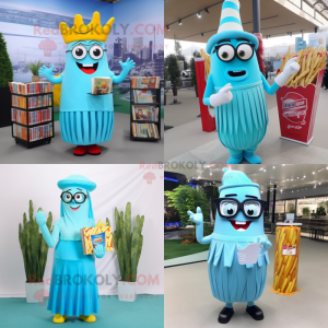 Sky Blue French Fries mascot costume character dressed with a Maxi Skirt and Reading glasses