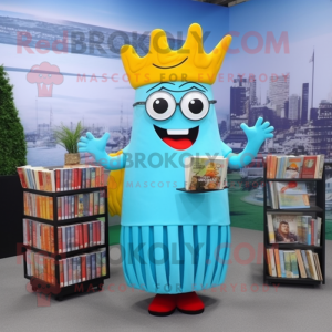 Sky Blue French Fries mascot costume character dressed with a Maxi Skirt and Reading glasses