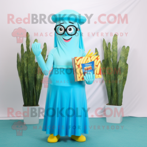 Sky Blue French Fries mascot costume character dressed with a Maxi Skirt and Reading glasses