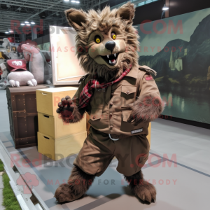 Brown Hyena mascot costume character dressed with a Cargo Pants and Shoe laces