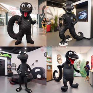 Black Titanoboa mascot costume character dressed with a Skinny Jeans and Shoe laces