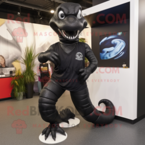 Black Titanoboa mascot costume character dressed with a Skinny Jeans and Shoe laces