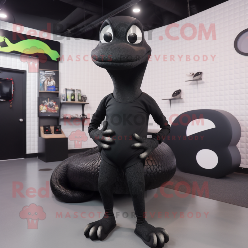 Black Titanoboa mascot costume character dressed with a Skinny Jeans and Shoe laces