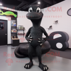 Black Titanoboa mascot costume character dressed with a Skinny Jeans and Shoe laces