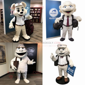 White Attorney mascot costume character dressed with a Henley Shirt and Backpacks