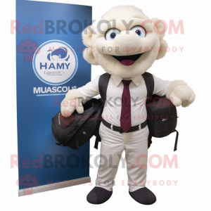 White Attorney mascot costume character dressed with a Henley Shirt and Backpacks