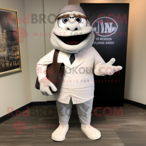 White Attorney mascot costume character dressed with a Henley Shirt and Backpacks