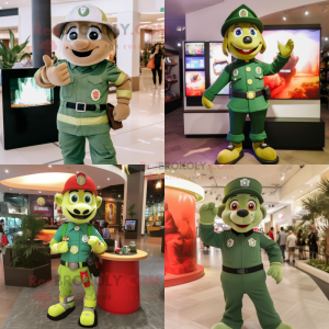 Olive Fire Fighter mascot costume character dressed with a Polo Tee and Bracelet watches