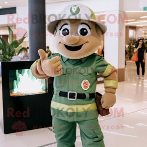 Olive Fire Fighter mascot costume character dressed with a Polo Tee and Bracelet watches