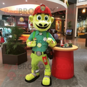 Olive Fire Fighter mascot costume character dressed with a Polo Tee and Bracelet watches