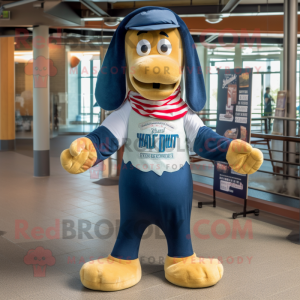 Navy Hot Dogs mascot costume character dressed with a Chambray Shirt and Scarves