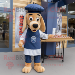 Navy Hot Dogs mascot costume character dressed with a Chambray Shirt and Scarves