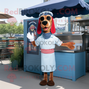 Navy Hot Dogs mascot costume character dressed with a Chambray Shirt and Scarves