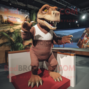 Brown Tyrannosaurus mascot costume character dressed with a Sweater and Anklets