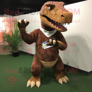 Brown Tyrannosaurus mascot costume character dressed with a Sweater and Anklets