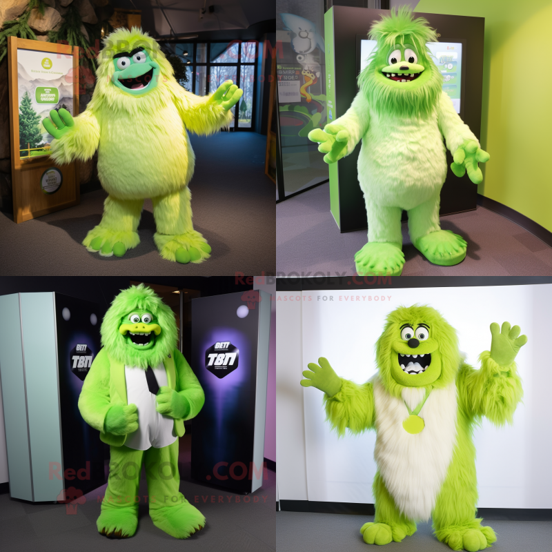 Lime Green Yeti mascot costume character dressed with a Coat and Bow ties
