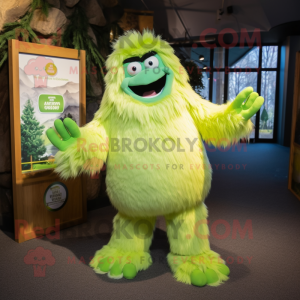 Lime Green Yeti mascot costume character dressed with a Coat and Bow ties