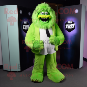 Lime Green Yeti mascot costume character dressed with a Coat and Bow ties