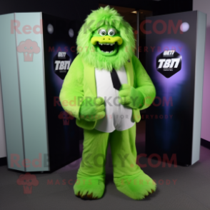 Lime Green Yeti mascot costume character dressed with a Coat and Bow ties