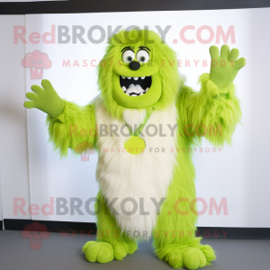 Lime Green Yeti mascot costume character dressed with a Coat and Bow ties