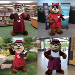 Maroon Otter mascot costume character dressed with a A-Line Skirt and Reading glasses