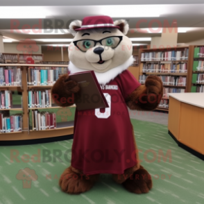 Maroon Otter mascot costume character dressed with a A-Line Skirt and Reading glasses