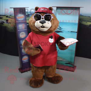 Maroon Otter mascot costume character dressed with a A-Line Skirt and Reading glasses