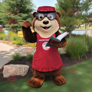 Maroon Otter mascot costume character dressed with a A-Line Skirt and Reading glasses