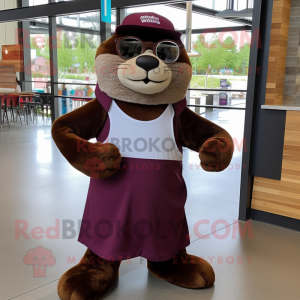 Maroon Otter mascot costume character dressed with a A-Line Skirt and Reading glasses