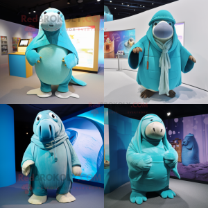 Cyan Walrus mascot costume character dressed with a Parka and Shawls
