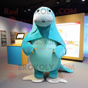 Cyan Walrus mascot costume character dressed with a Parka and Shawls