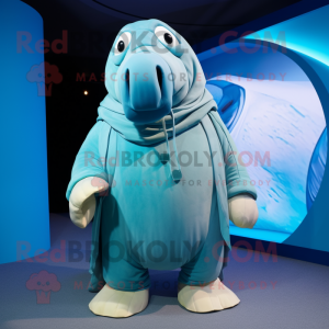 Cyan Walrus mascot costume character dressed with a Parka and Shawls