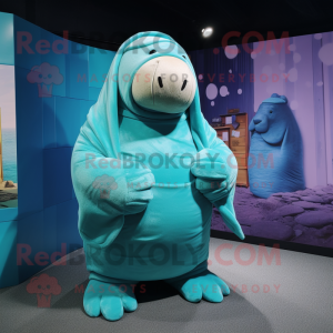 Cyan Walrus mascot costume character dressed with a Parka and Shawls